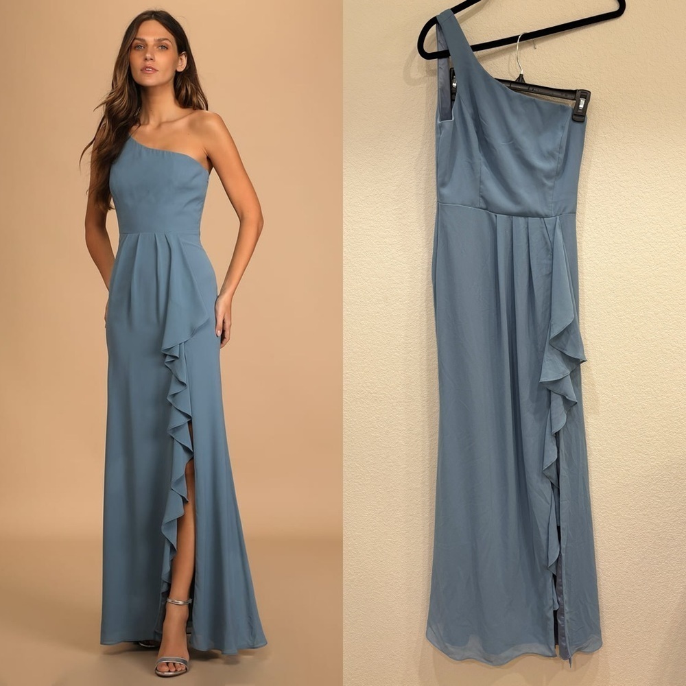 NWOT Lulus‎ Magical Romance Slate Blue Ruffled One-Shoulder Maxi Dress